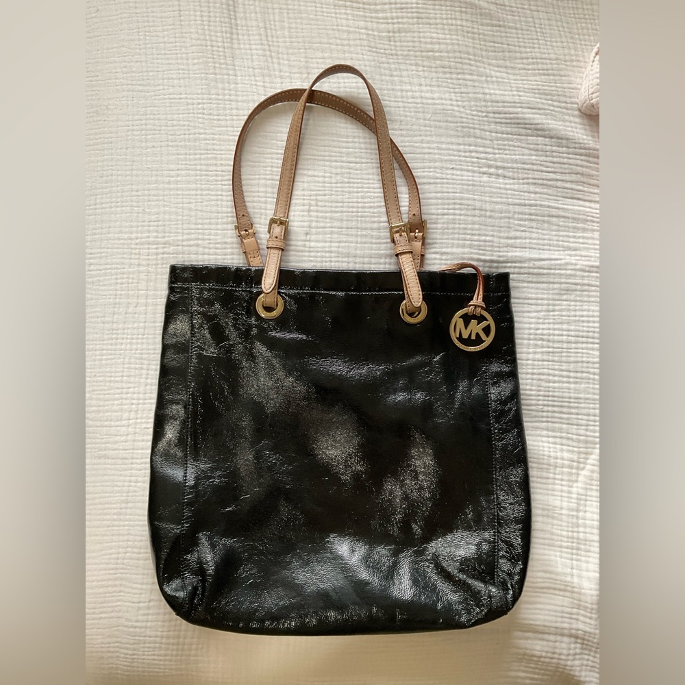 Michael Kors Shiny Black Tote with Tan Handles